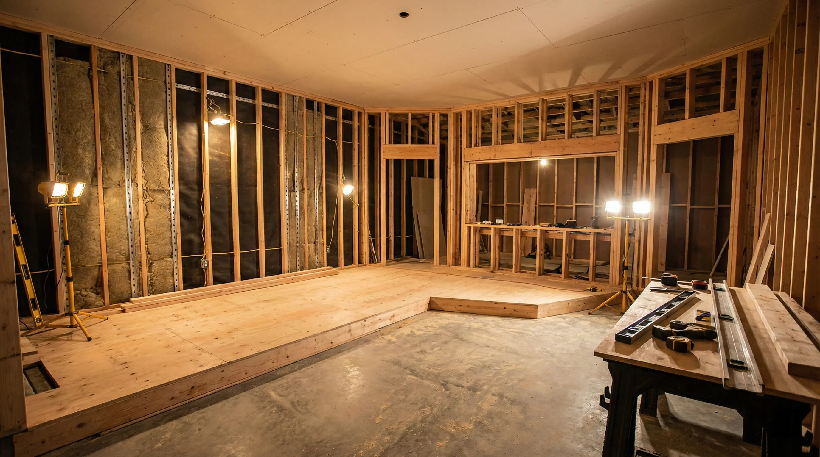 Construction phase showing precision building of recording studio facilities